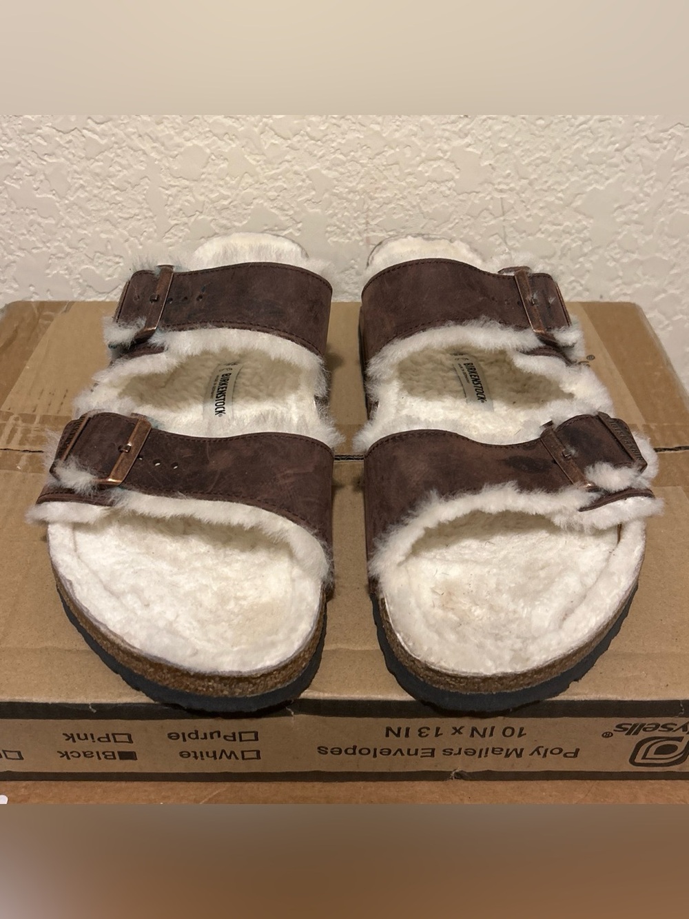 Birkenstock Arizona Shearling Mink Leather Sandal - Brown and Cream